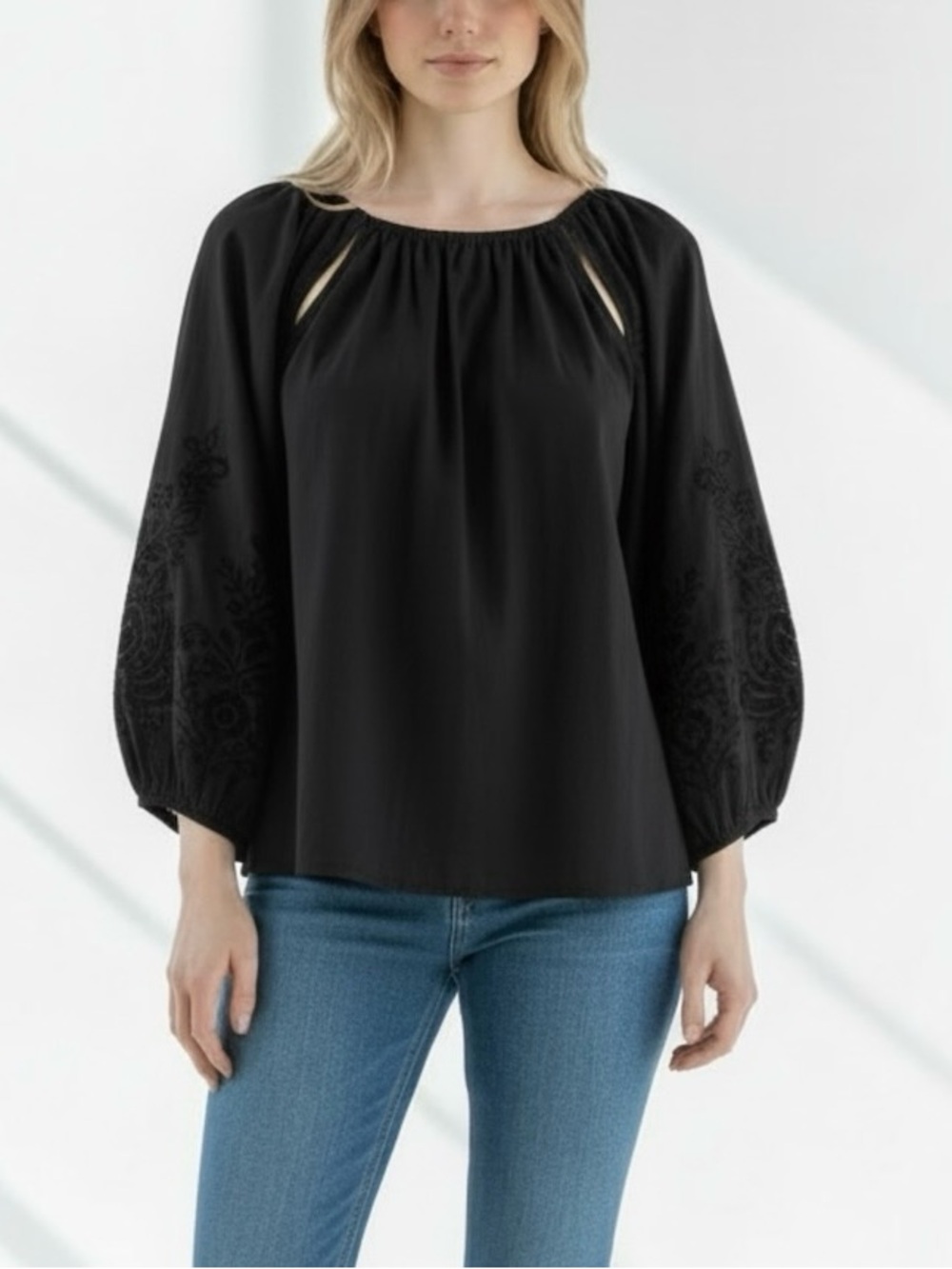 Banana Republic Black Cotton Modal Embroidered Balloon-Sleeve Cutout Blouse Sz L